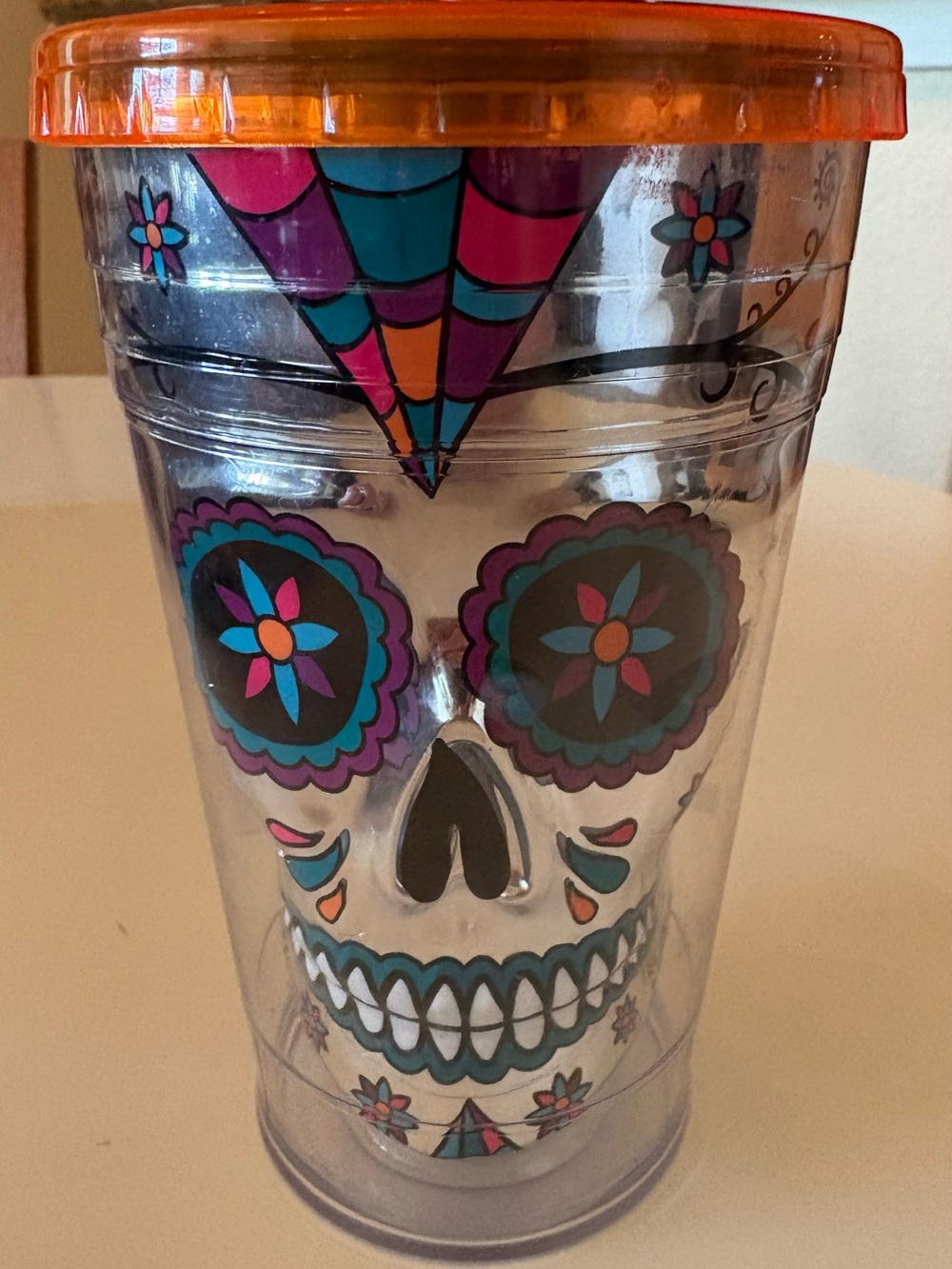 Colorful Sugar Skull Tumbler with Orange Lid & Straw